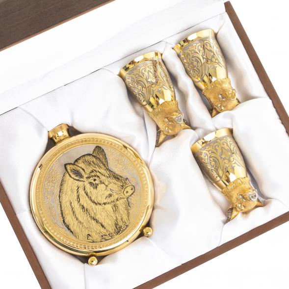 Подарочный набор &amp;quot;Кабан&amp;quot; фляжка и 3 стопки перевертыша Златоуст 123691