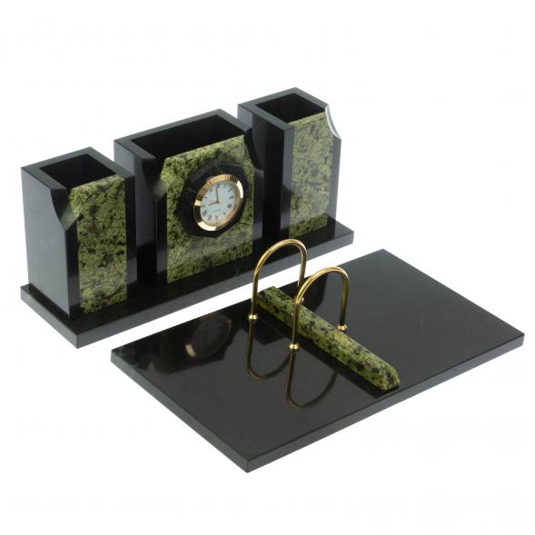 Настольный набор &amp;quot;Грани&amp;quot; камень змеевик с часами 124043
