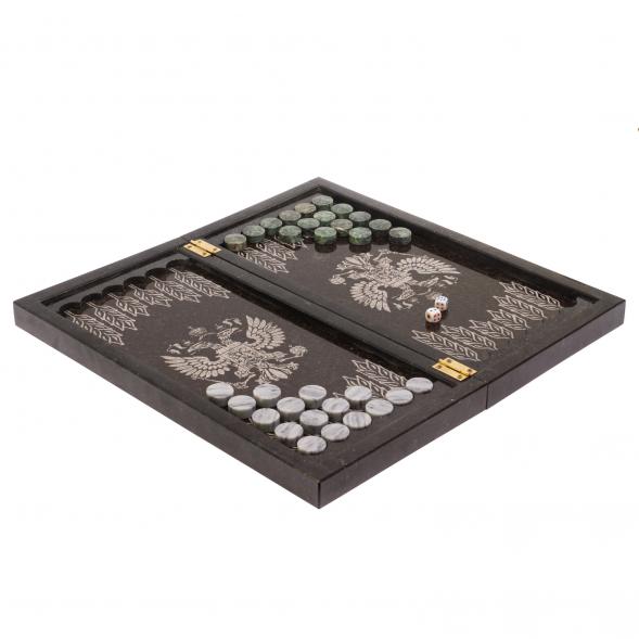 Набор игр &amp;quot;Герб России&amp;quot; 3 в 1: шахматы, шашки, нарды камень змеевик мрамор 126563