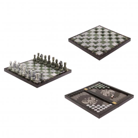 Набор игр &amp;quot;Герб России&amp;quot; 3 в 1: шахматы, шашки, нарды камень змеевик мрамор 126563