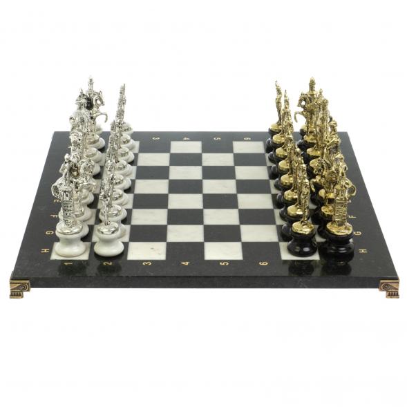 Шахматы &amp;quot;Русь&amp;quot; из мрамора и змеевика на каменных подставках 44х44 см 128512