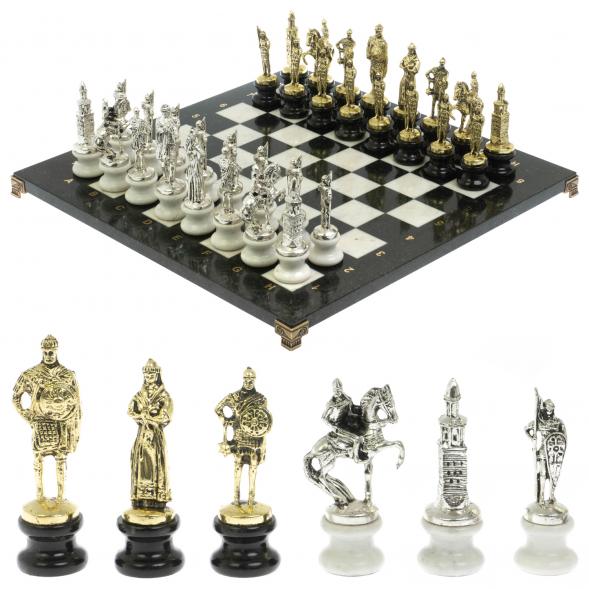 Шахматы &amp;quot;Русь&amp;quot; из мрамора и змеевика на каменных подставках 44х44 см 128512