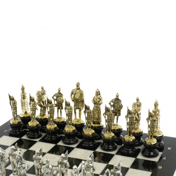 Шахматы &amp;quot;Русь&amp;quot; из мрамора и змеевика на каменных подставках 44х44 см 128512