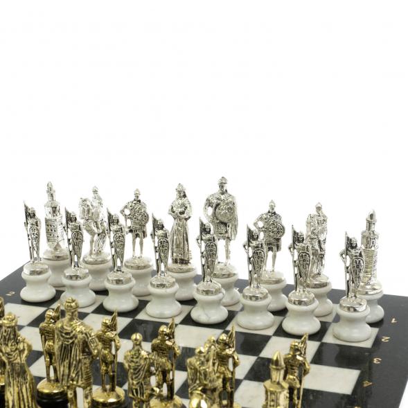 Шахматы &amp;quot;Русь&amp;quot; из мрамора и змеевика на каменных подставках 44х44 см 128512