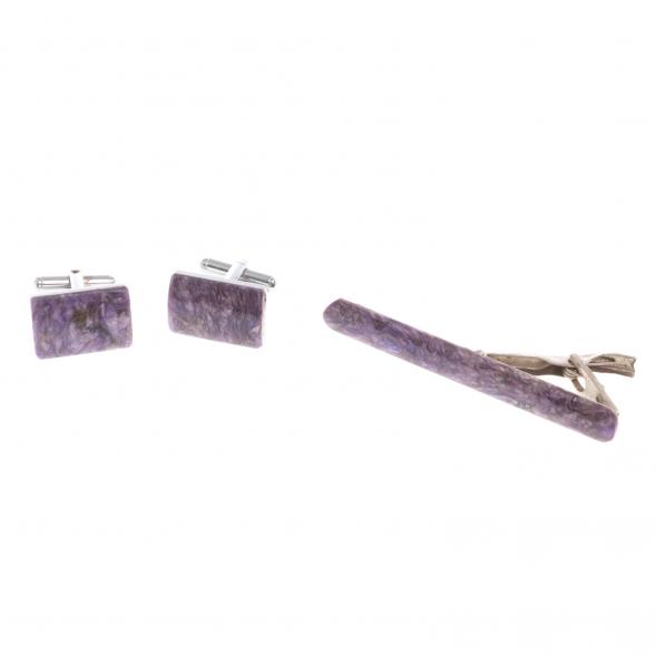 Набор запонки прямоугольные и зажим для галстука камень чароит 124456