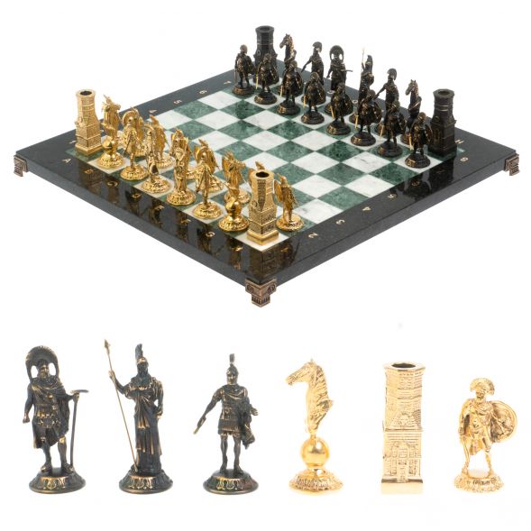 Шахматы из бронзы &amp;quot;Спарта&amp;quot; доска 40 х40 см мрамор / шабровский змеевик 127963