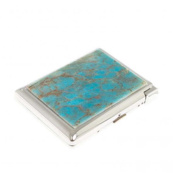 Портсигар на 20 сигарет с зажигалкой камень голубой апатит 124229