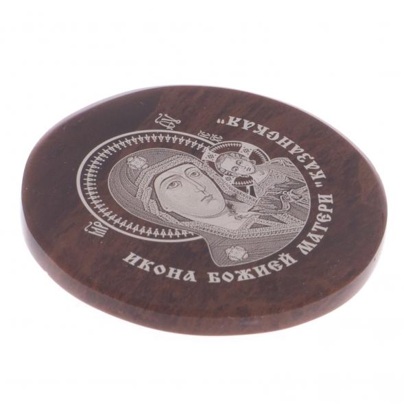 Икона в автомобиль круглая &amp;quot;Казанская БМ&amp;quot; на коричневом обсидиане 47 мм