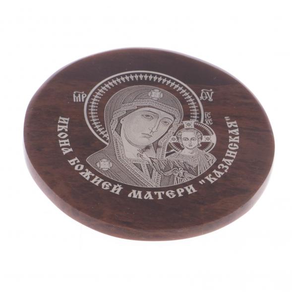 Икона в автомобиль круглая &amp;quot;Казанская БМ&amp;quot; на коричневом обсидиане 47 мм