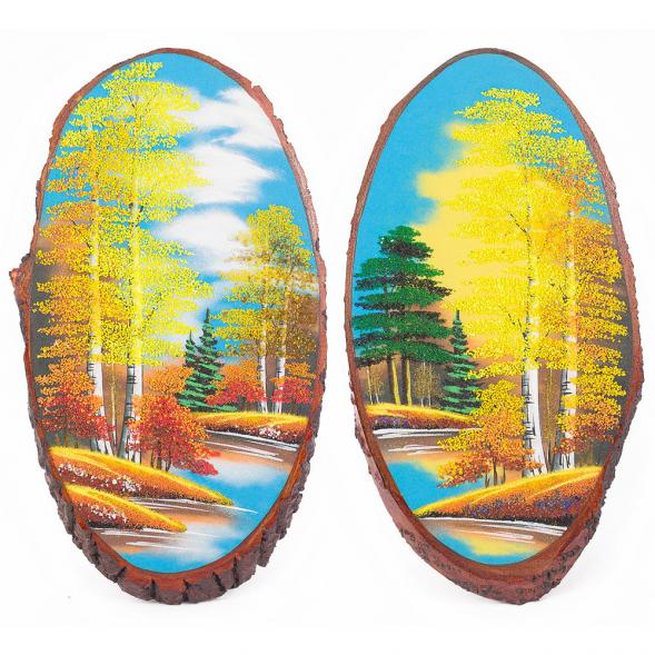 Картина на срезе дерева &amp;quot;Осенний пейзаж&amp;quot; вертикальное 45-50 см рисунок каменная крошка 112223