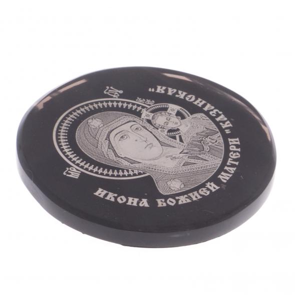 Икона в автомобиль круглая  &amp;quot;Казанская БМ&amp;quot; на черном обсидиане 47 мм