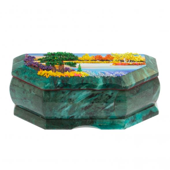 Шкатулка с расписной крышкой Осень 17х7,5х6 см змеевик / шкатулка для ювелирных украшений / для хранения бижутерии / шкатулка из камня