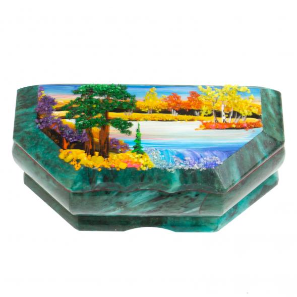 Шкатулка с расписной крышкой Осень 17х7,5х6 см змеевик / шкатулка для ювелирных украшений / для хранения бижутерии / шкатулка из камня