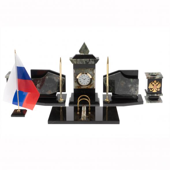 Настольный набор с гербом и флагом России из офиокальцита 129997