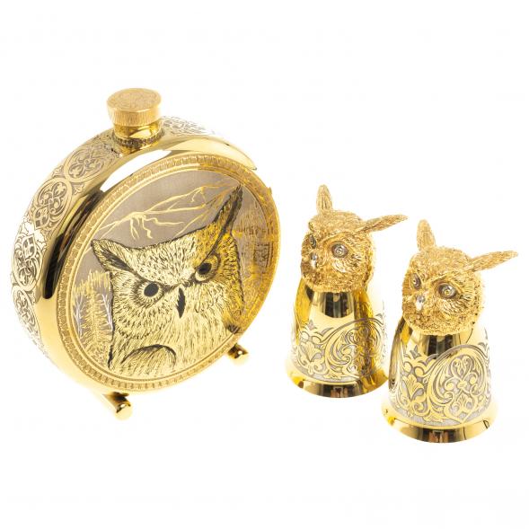 Подарочный набор &amp;quot;Филин&amp;quot; фляжка с гравюрой и 2 стопки перевертыши 70 мл бронза Златоуст