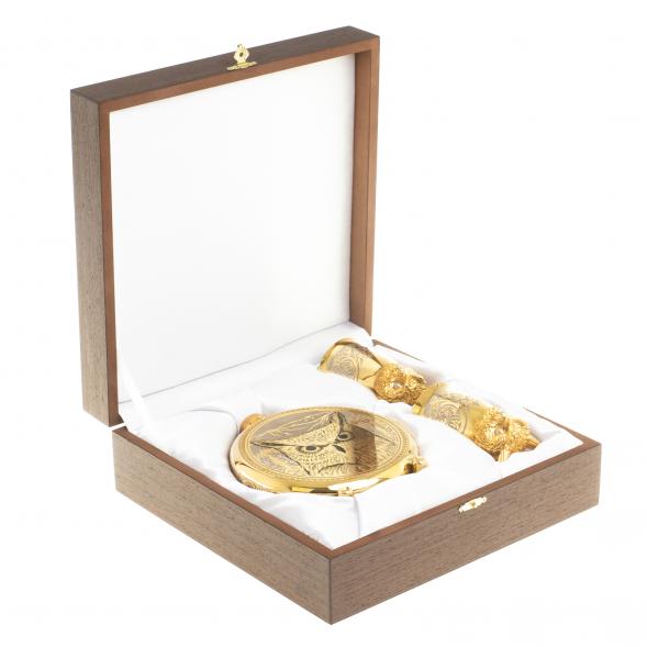 Подарочный набор &amp;quot;Филин&amp;quot; фляжка с гравюрой и 2 стопки перевертыши 70 мл бронза Златоуст