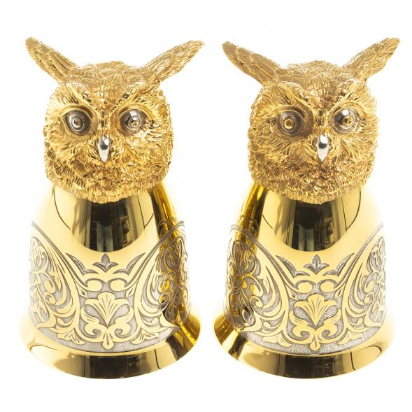 Подарочный набор &amp;quot;Филин&amp;quot; фляжка с гравюрой и 2 стопки перевертыши 70 мл бронза Златоуст