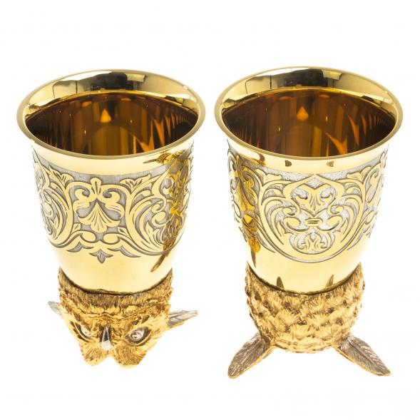 Подарочный набор &amp;quot;Филин&amp;quot; фляжка с гравюрой и 2 стопки перевертыши 70 мл бронза Златоуст