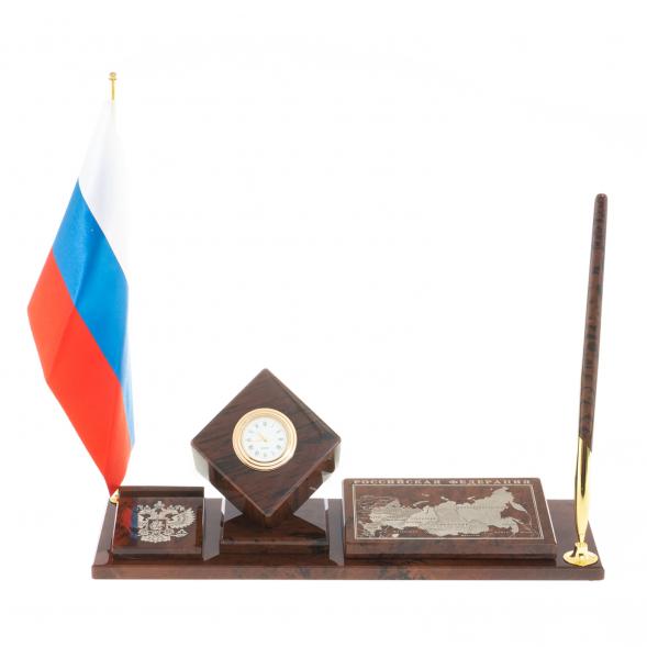 Письменный набор &amp;quot;Куб с картой РФ&amp;quot; камень обсидиан 122376