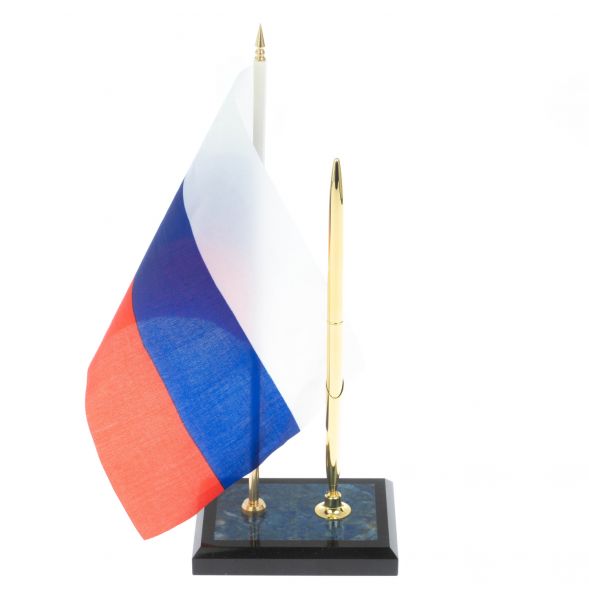 Подставка под ручку с флагом РФ из иркутского лазурита 10х7х25 см 128963