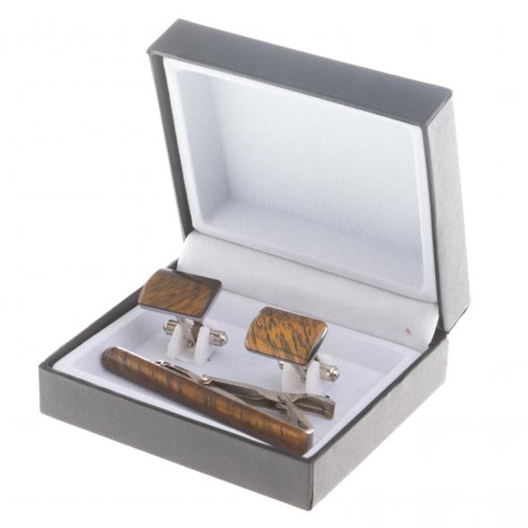 Набор запонки прямоугольные и зажим для галстука камень тигровый глаз 124463