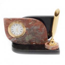 Настольная визитница с часами из камня креноид