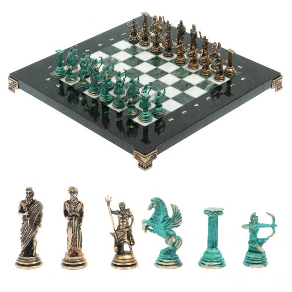 Шахматы &amp;quot;Лучники&amp;quot; фигуры бронза / патина 28х28 см из змеевика и мрамор 128203