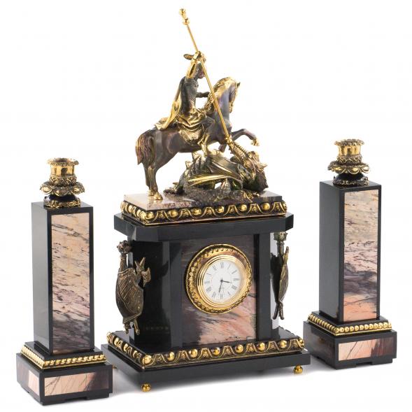 Каминные часы из бронзы &amp;quot;Георгий Победоносец&amp;quot; с подсвечниками камень яшма 113588