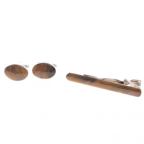 Набор запонки овальные и зажим для галстука камень тигровый глаз 124464