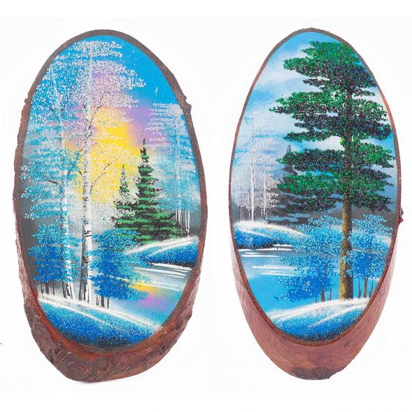 Панно на срезе дерева &amp;quot;Зима&amp;quot; вертикальное 40-45 см каменная крошка 112229