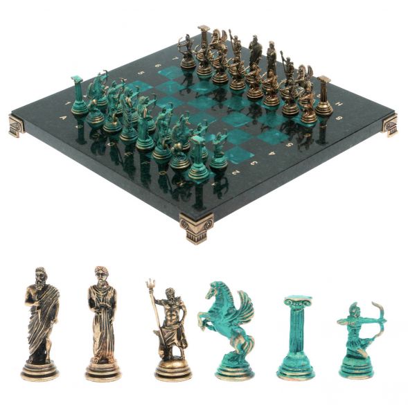 Шахматы &amp;quot;Римские лучники&amp;quot; фигуры бронза / патина 28х28 см из змеевика 128204