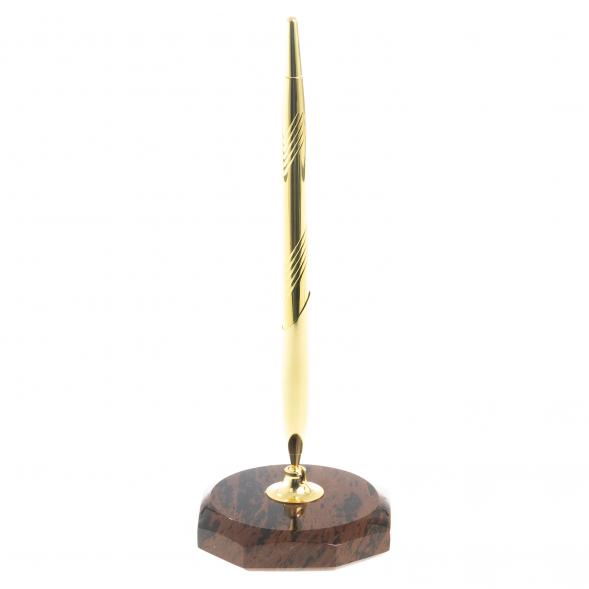 Ручка металлическая на восьмиугольной подставке из коричневого обсидиана 7х7х20 см 122130