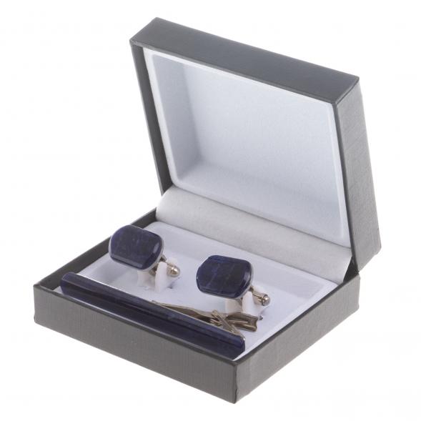 Набор запонки закругленные и зажим для галстука камень содалит 124466