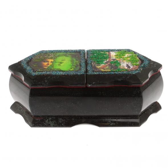 Шкатулка &amp;quot;Хозяйка медной горы / Утро в сосновом лесу&amp;quot; 20х10х7,5 см черный змеевик 125002