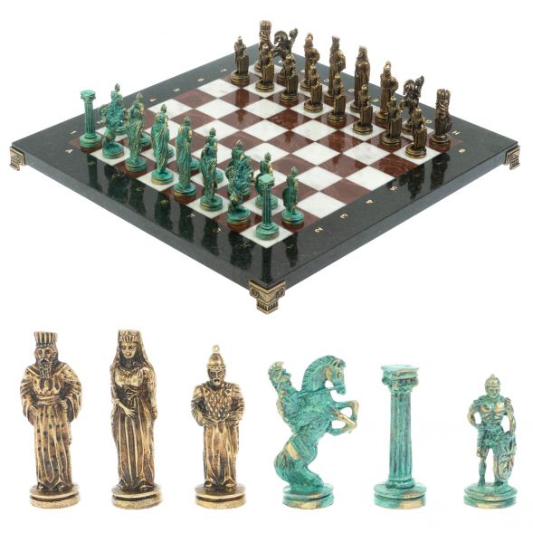 Шахматы &amp;quot;Александр Макендонский&amp;quot; фигуры бронза / патина доска 36х36 см лемезит мрамор 128368