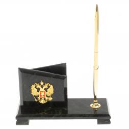 Визитница настольная с гербом РФ "Мини 3" камень змеевик