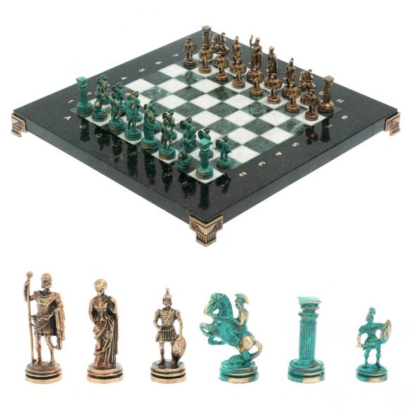 Шахматы &amp;quot;Римские воины&amp;quot; фигуры бронза / патина 28х28 см из мрамора и змеевика 128208