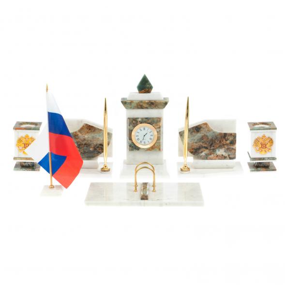 Письменный прибор с гербом и флагом России камень мрамор, офиокальцит 123651