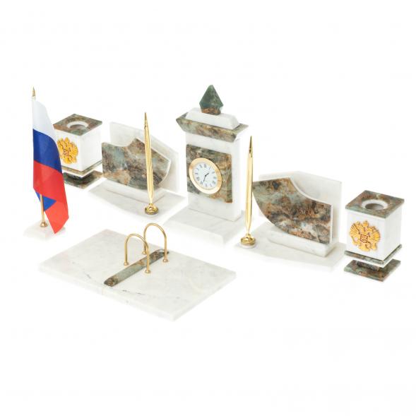 Письменный прибор с гербом и флагом России камень мрамор, офиокальцит 123651
