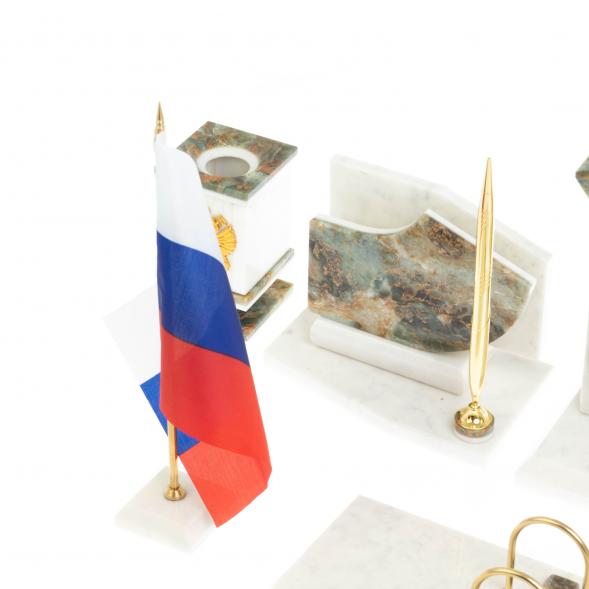 Письменный прибор с гербом и флагом России камень мрамор, офиокальцит 123651