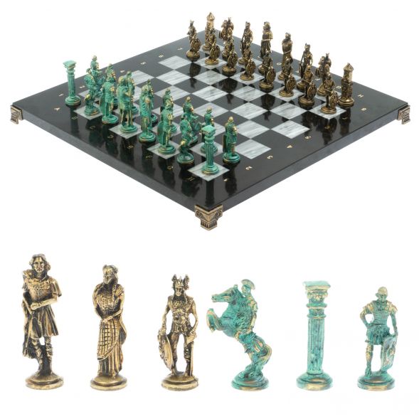 Шахматы &amp;quot;Римляне против Галлов&amp;quot; фигуры бронза / патина 36х36 см серый мрамор 128375