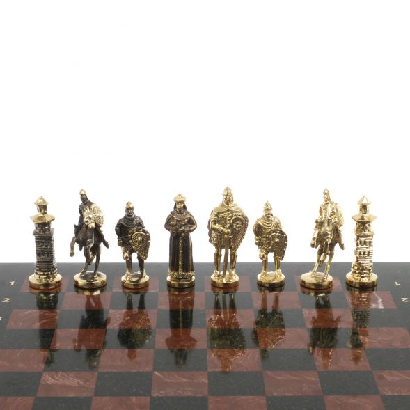 Шахматы &amp;quot;Богатыри&amp;quot; из бронзы доска 44х44 см лемезит змеевик 127586