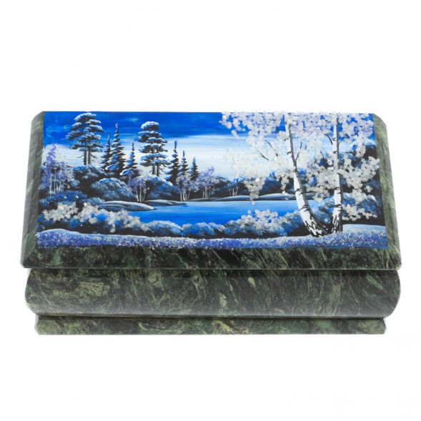Шкатулка &amp;quot;Зимний пейзаж&amp;quot; из шабровского змеевика 18х9х6,5 см 127826