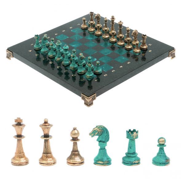 Шахматы &amp;quot;Стаунтон&amp;quot; фигуры бронза / патина 28х28 см из змеевика 128214
