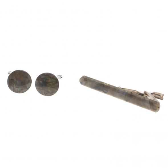 Набор зажим для галстука и запонки круглые камень лабрадор 124477