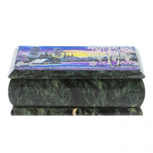 Шкатулка &amp;quot;Домик в зимнем лесу&amp;quot; из шабровского змеевика 18х9х6,5 см 127827