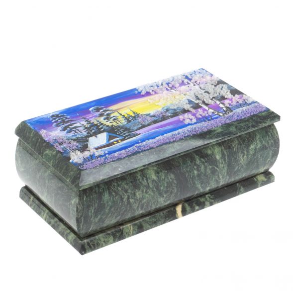 Шкатулка &amp;quot;Домик в зимнем лесу&amp;quot; из шабровского змеевика 18х9х6,5 см 127827