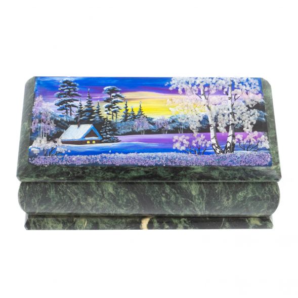Шкатулка &amp;quot;Домик в зимнем лесу&amp;quot; из шабровского змеевика 18х9х6,5 см 127827