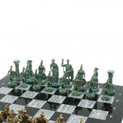 Шахматы "Римские войны" фигуры бронза / патина 44х44 см серый мрамор