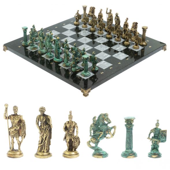 Шахматы &amp;quot;Римские войны&amp;quot; фигуры бронза / патина 44х44 см серый мрамор 128381